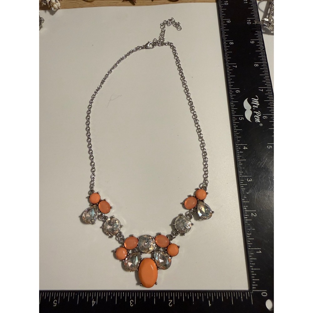 Silver Tone Peach Cabochon Clear Rhinestone Statement Bib Cluster Necklace